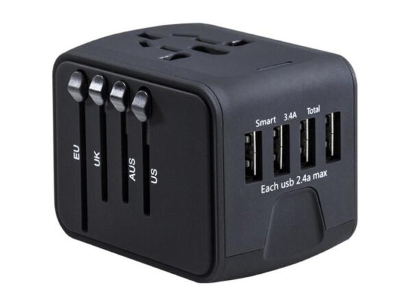 Fedec Universele Wereldstekker met 4 USB Poorten - Internationale Reisstekker voor 150+ landen - Zwart