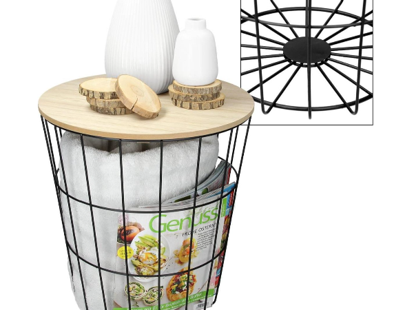 Bijzettafel - metaal met houten blad - zwart - 39 x 41 cm