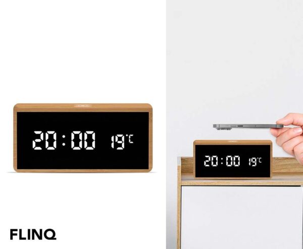 FlinQ Bamboe Wekker - Met Thermometer En Draadloze Qi Telefoonoplader! ...