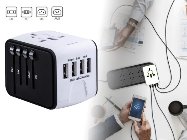 Universele Wereldstekker met 4 USB Poorten - Internationale Reisstekker voor 150+ landen - Wit