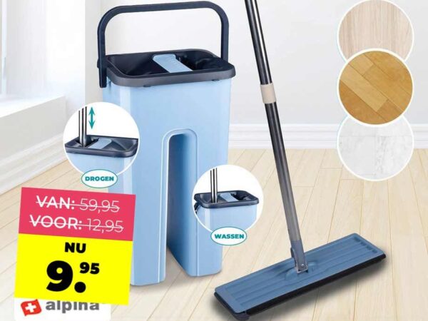 Alpina Flat Mop Met Emmer 360° Draaibaar - Inclusief 2 Microvezeldoeken! ...