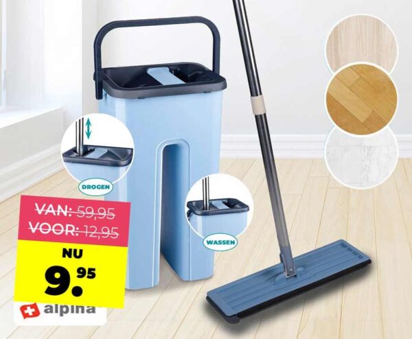 Alpina Flat Mop Met Emmer 360° Draaibaar - Inclusief 2 Microvezeldoeken! ...