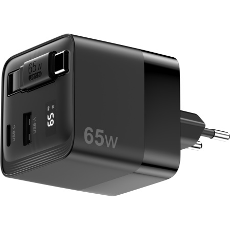 65W GaN Power Delivery Wall Charger with retractable cable